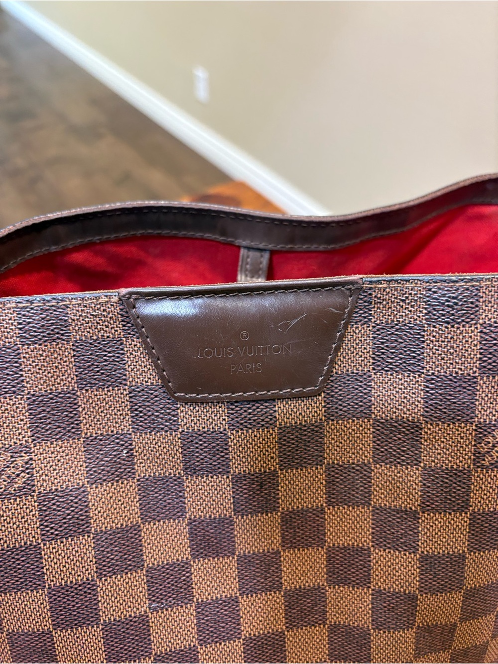 Louis Vuitton Brown Check Tote with Red Interior - Picture 3 of 15